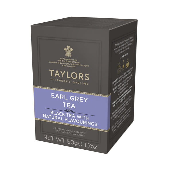 Side View of small grey cardboard box with 20 individually wrapped and tagged Taylors of Harrogate Earl Grey. Purple label – Light & fragrant black tea