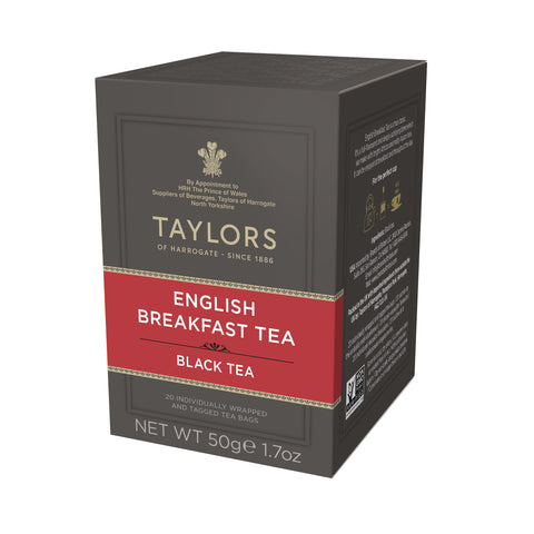 Side view of small grey cardboard box with 20 individually wrapped and tagged Taylors of Harrogate English Breakfast tea bags. Red label – Rich & bright black tea