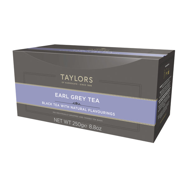 Side view of large grey cardboard box with 100 individually wrapped and tagged Taylors of Harrogate Earl Grey. Purple label – Light & fragrant black tea