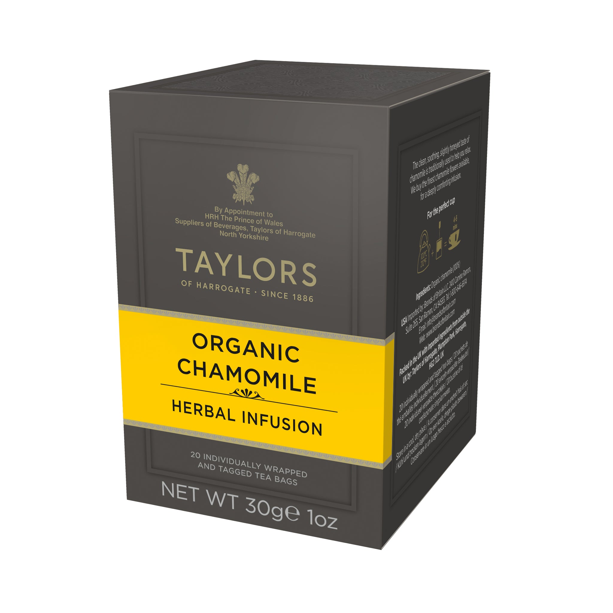 Side view of small grey cardboard box with 20 individually wrapped and tagged Taylors of Harrogate Organic Chamomile. Yellow label – Gentle a& soothing caffeine free infusion