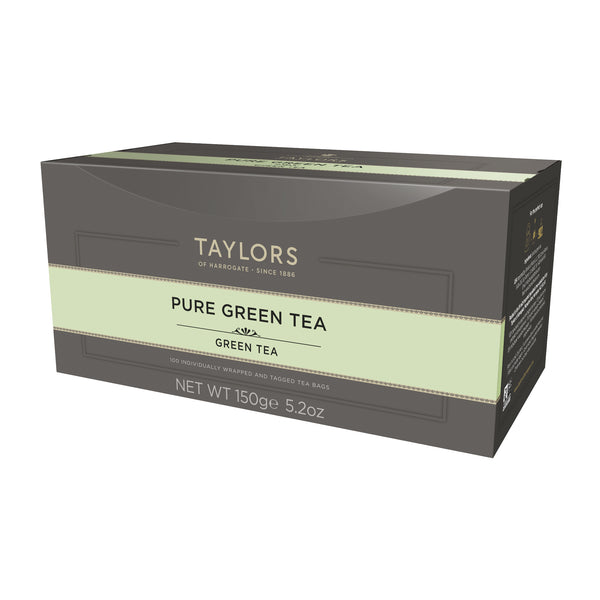 Side view of large grey cardboard box with 100 individually wrapped and tagged Taylors of Harrogate Pure Green Tea. Light green label – Fresh & delicate green tea