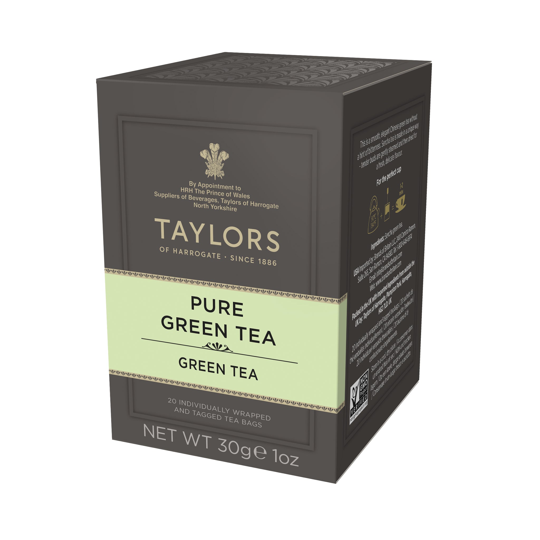 Side view of small grey cardboard box with 20 individually wrapped and tagged Taylors of Harrogate Pure Green Tea. Light green label – Fresh & delicate green tea