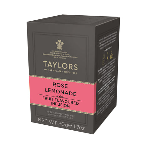 Side view of small grey cardboard box with 20 individually wrapped and tagged Taylors of Harrogate Rose Lemonde tea bags. Pink label – Fruit flavoured infusion