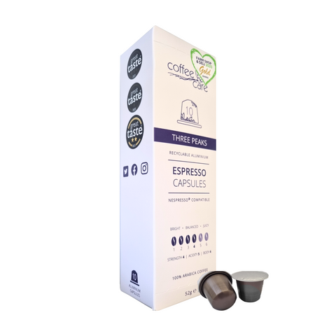 Carton of 10 aluminium coffee capsules. 4 great taste awards and a farm shop and deli product award. Espresso capsules, white and purple carton with 2 capsules loose in front