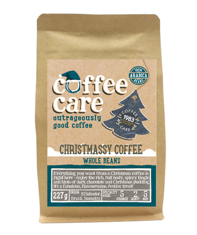 Front label of a 227g packet of Coffee Care’s Christmassy Coffee Beans from El Salvador, Brazil and Sumatra. 