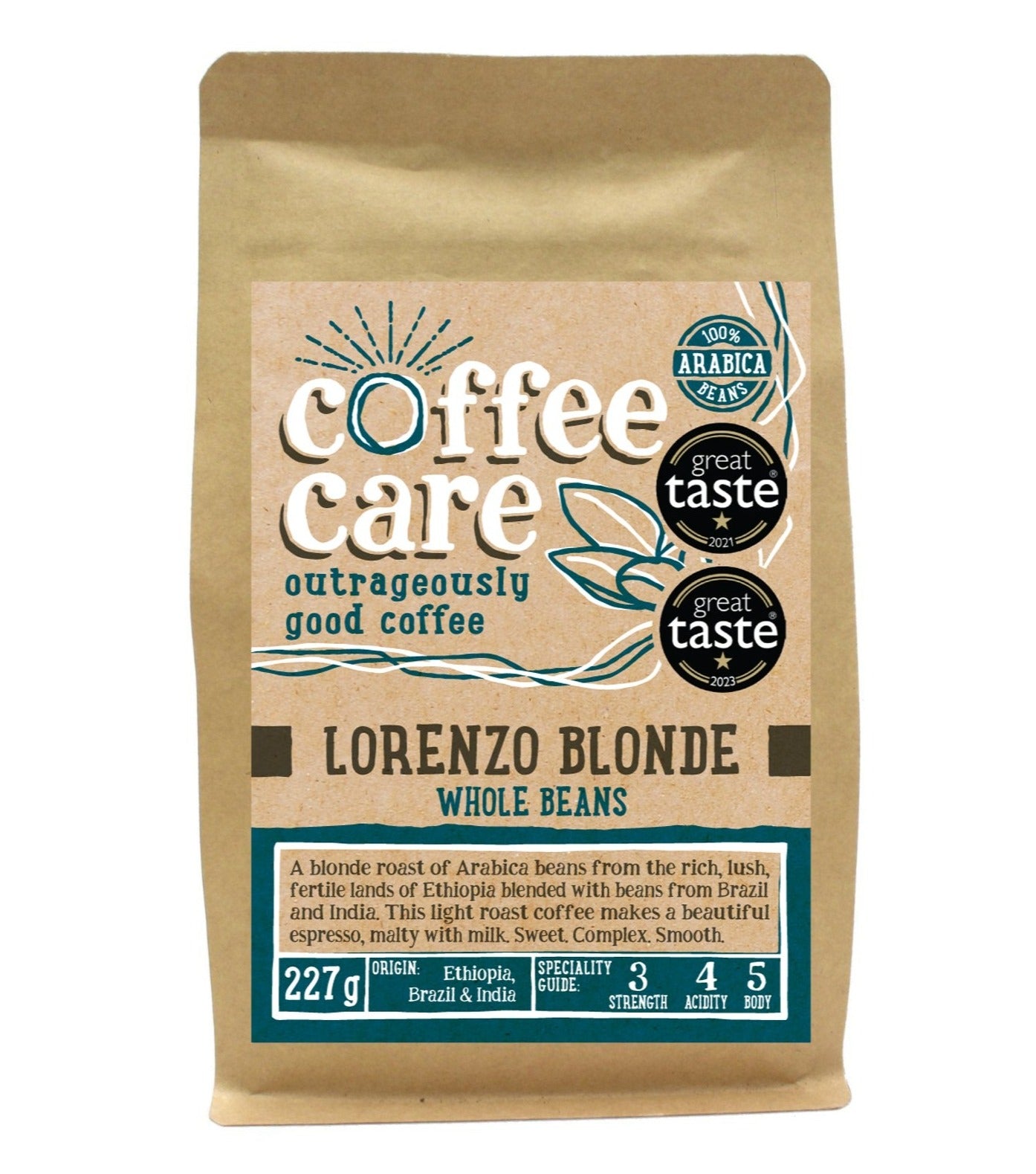 A 227g kraft packet of Coffee Care’s Lorenzo Blonde Coffee. Blue label for whole beans. Brazil, Ethiopia and India coffee. 100% Arabica whole beans. Great Taste Awards 2021 and 2023.