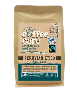 A 227g kraft packet of Coffee Care’s Peruvian Etico Coffee Beans. Blue label for whole beans. Freshly roasted Peru, Colombia & Ethiopia Coffee. Organic, Rainforest and Fairtrade Certified
