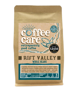 A 227g kraft packet of Coffee Care’s Rift Valley Coffee Beans. Blue label for whole beans. Freshly roasted Kenya, Central & South America Coffee. 100% Arabica. Great Taste Award Winner 2017 and 2022.