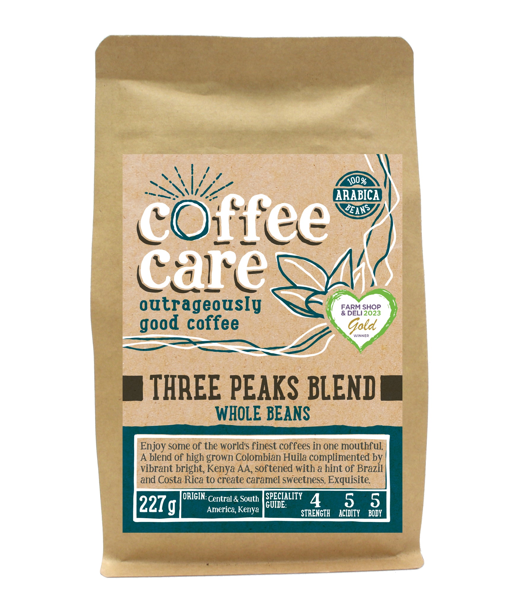 A 227g kraft packet of Coffee Care’s Three Peaks Coffee Beans. Blue label for whole beans. Freshly roasted Kenya, Central & South America Coffee. 100% Arabica. Deliciouslyorkshire Winner 2017 and Farm Shop and Deli Gold Product Award 2023