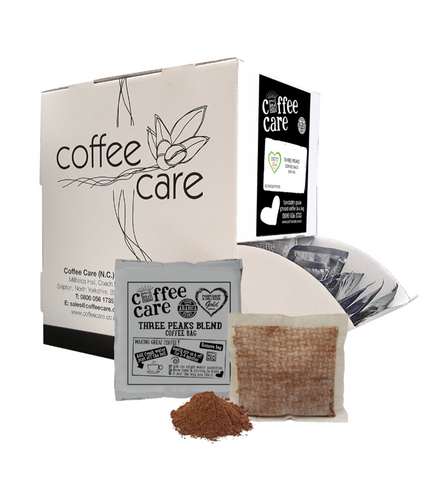 Dispenser box with 100 Three Peaks Blend Individually Wrapped Coffee Bags. Recyclable packaging and compostable coffee bags