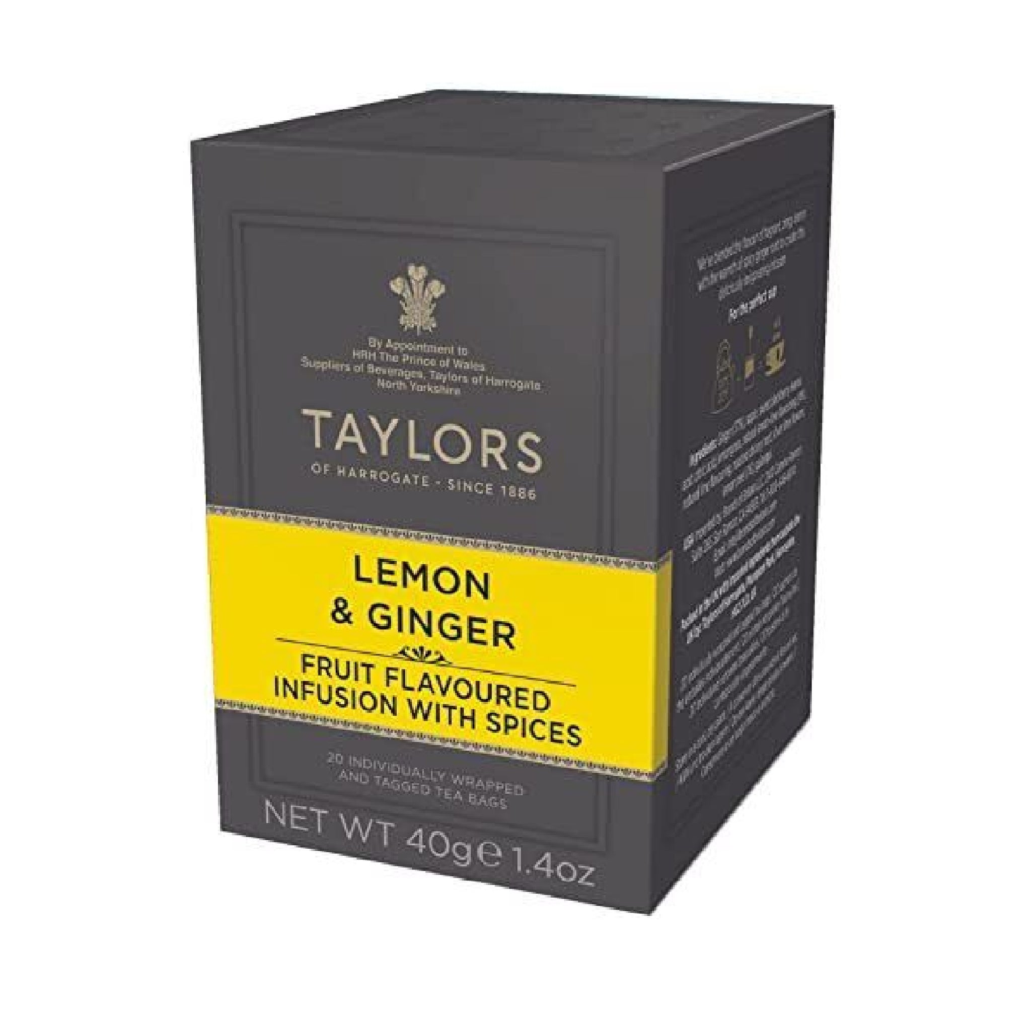 Side view of small grey cardboard box with 20 individually wrapped and tagged Taylors of Harrogate Lemon and ginger. Yellow label – Zesty and warming caffeine free infusion