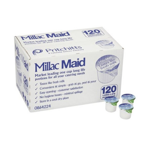 White box with blue print 120 Millac Maids single portion long life milk pods 