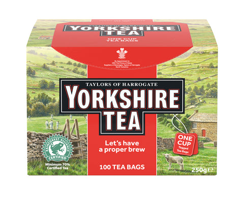 Yorkshire landscape cardboard box of 100 one cup tagged tea bags. Yorkshire Tea, Taylors of Harrogate, Rainforest Certified - Let’s have a proper brew