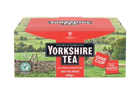 Yorkshire landscape cardboard box of 200 one cup individually foil wrapped tagged tea bags. Yorkshire Tea, Taylors of Harrogate, Rainforest Certified - Let’s have a proper brew