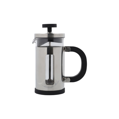 Side view of a La Cafetiere 3 Cup Chrome Pisa Cafetiere. Stainless steal frame, glass beaker and black plastic handle