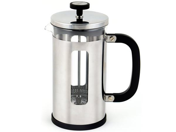 Side view of a La Cafetiere 8 Cup Chrome Pisa Cafetiere. Stainless steal frame, glass beaker and black plastic handle