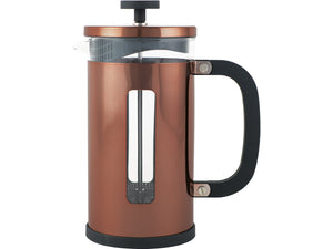 Side view of a La Cafetiere 8 Cup Copper Pisa Limited Edition Cafetiere. copper frame, glass beaker and black plastic handle