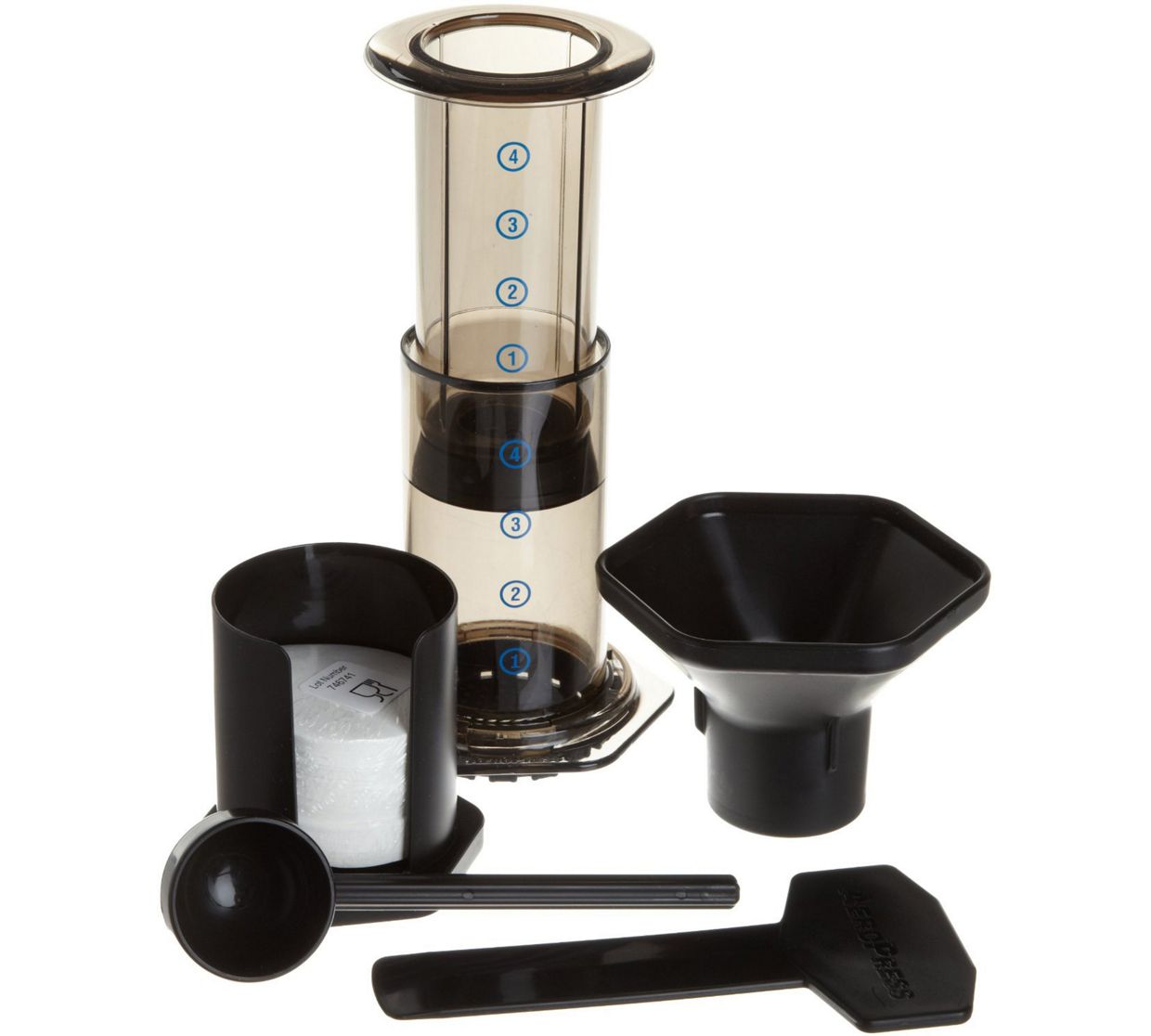 A black plastic aeropress coffee maker with filter paper holder, stirrer, scoop and funnel