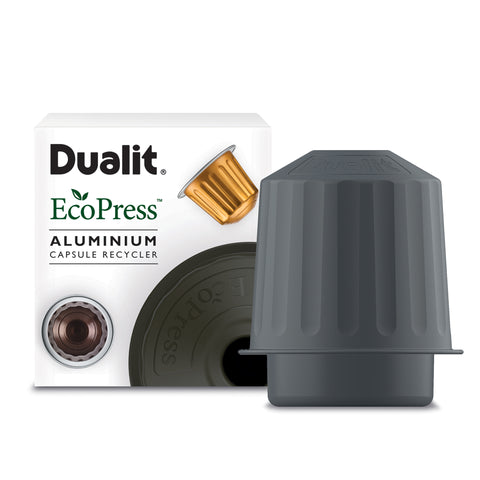 Dualit Eco Press Aluminium Capsule Recycler. Grey Recycler stood next to box