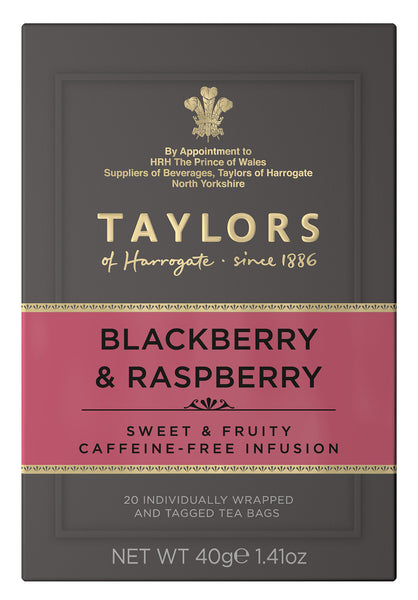 A small grey cardboard box with 20 individually wrapped and tagged Taylors of Harrogate Blackberry & Raspberry. Pink label –Sweet & fruity caffeine free infusion