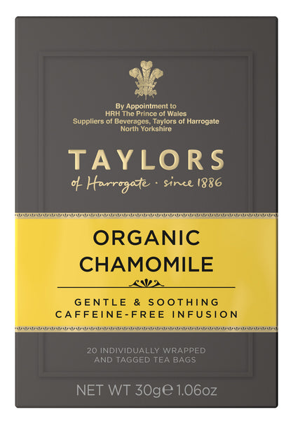 A small grey cardboard box with 20 individually wrapped and tagged Taylors of Harrogate Organic Chamomile. Yellow label – Gentle a& soothing caffeine free infusion