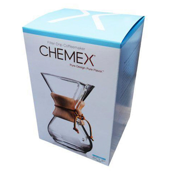 Chemes fine drip coffee maker in its white cardboard box. 6 Cup chemex. Pure design, pure flavour
