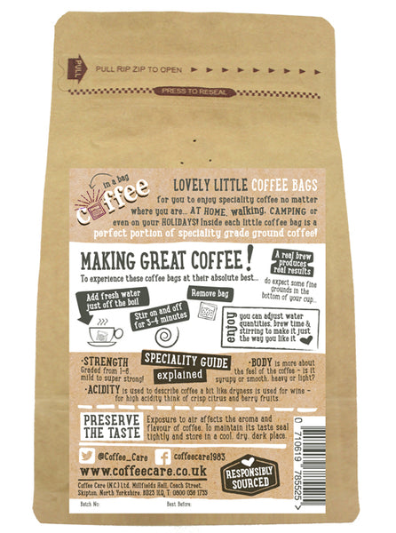 Back label of kraft packet of Coffee Care’s Three Peaks Blend Coffee Bags with instructions how to make them.