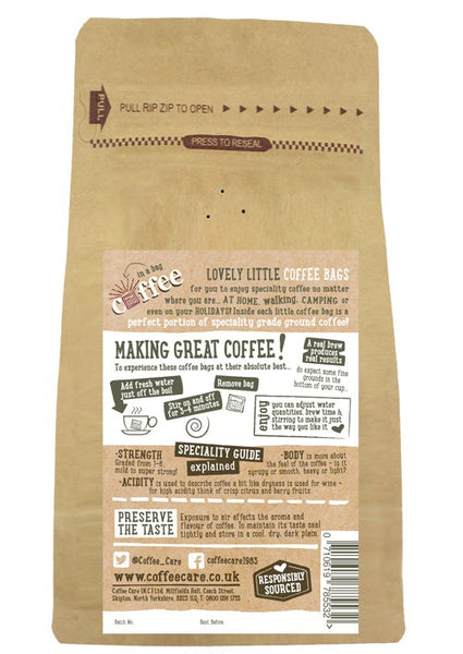 Back label of kraft packet of Coffee Care’s Three Peaks Blend 30 Coffee Bags with instructions how to make them.