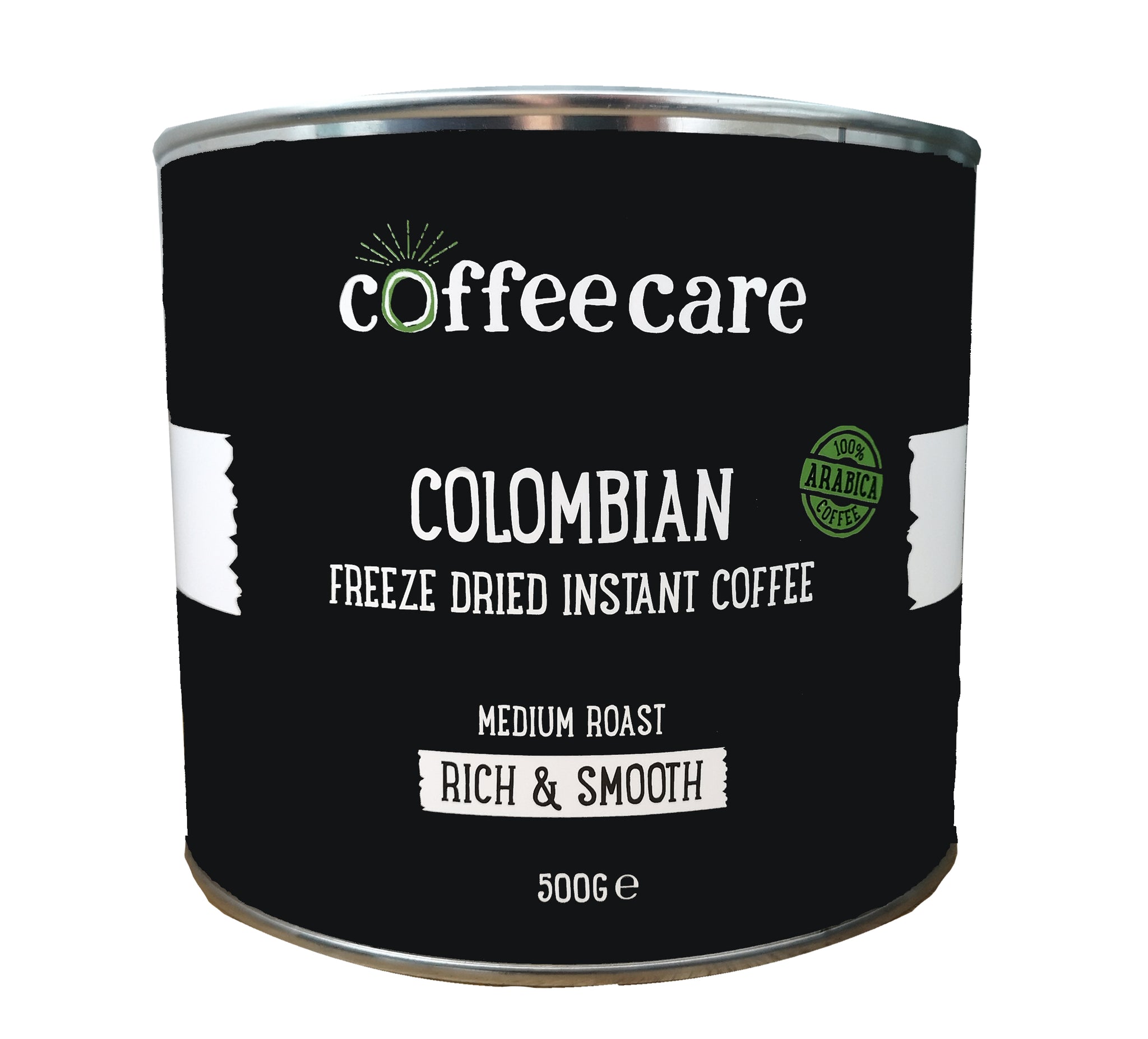 metal tin of Coffee Care's Colombian Freeze Dried Instant Coffee. 500g of arabica coffee. Medium roast, rich and smooth 