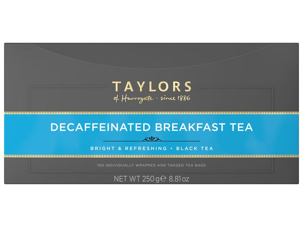A large grey cardboard box with 100 individually wrapped and tagged Taylors of Harrogate Decaffeinated Breakfast Tea. Blue label –Bright & refreshing black tea