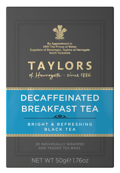 A small grey cardboard box with 20 individually wrapped and tagged Taylors of Harrogate Decaffeinated Breakfast Tea. Blue label –Bright & refreshing black tea