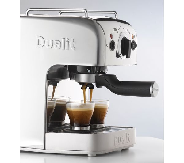 Dualit 3 in 1 Polished Multi Brew Coffee Machine Side View. with 2 cups of coffee on drip tray