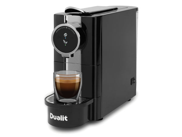 Side view of a Black and Chrome Dualit Cafe Plus Capsule Machine with cup on drip tray