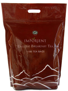 Large dark red poly bag of 1100 Imporient English breakfast tea bags – Rainforest Certified