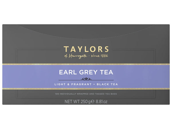 A large grey cardboard box with 100 individually wrapped and tagged Taylors of Harrogate Earl Grey. Purple label – Light & fragrant black tea