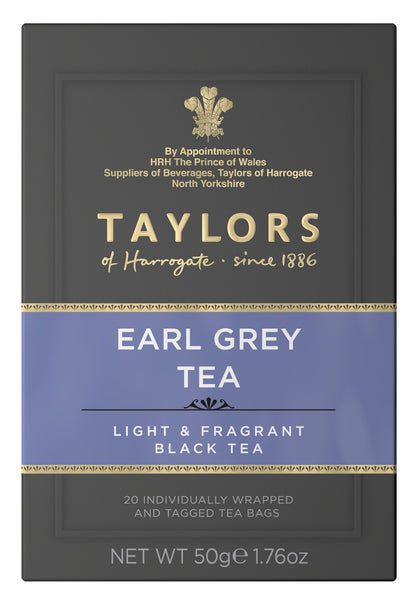 A small grey cardboard box with 20 individually wrapped and tagged Taylors of Harrogate Earl Grey. Purple label – Light & fragrant black tea