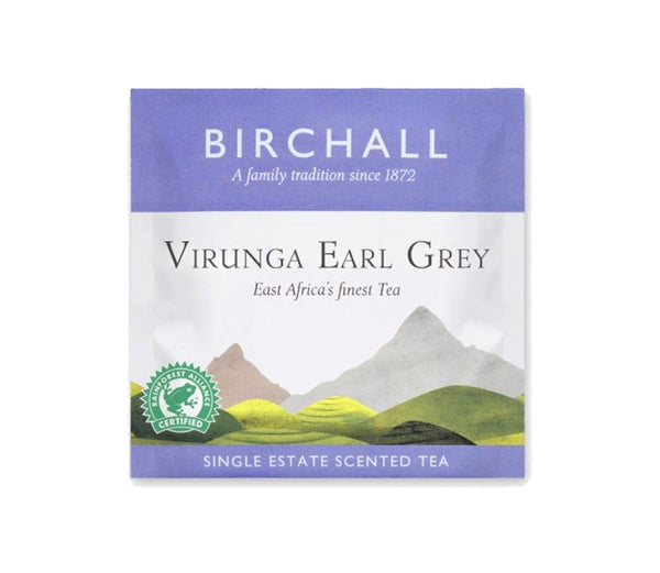 A single lilac enveloped tea bag of Birchall Earl Grey. East Africa’s finest single estate scented tea. Rainforest Certified.