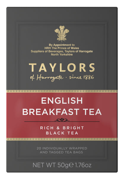 A small grey cardboard box with 20 individually wrapped and tagged Taylors of Harrogate English Breakfast tea bags. Red label – Rich & bright black tea