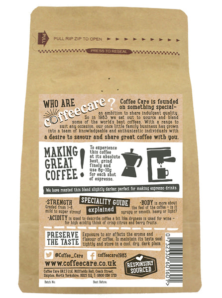 Back label of a 227g kraft packet of Coffee Care’s Espresso Lorenzo Espresso Beans with instructions how to make coffee.
