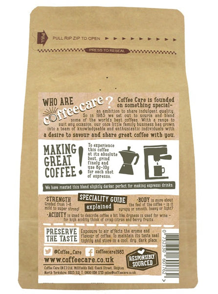Back label of a 227g kraft packet of Coffee Care’s Cafe Mexicano Espresso Beans with instructions how to make coffee.