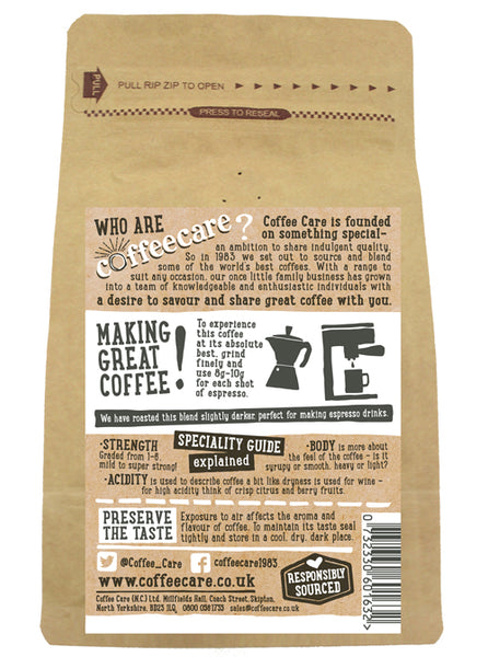 Back label of a 227g kraft packet of Coffee Care’s Cafe Napoli Espresso Beans with instructions how to make coffee.