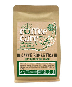 A 227g kraft packet of Coffee Care’s Caffe Romantica Espresso Beans. Dark green label for espresso beans. Freshly roasted Africa India & South America coffee. 100% Arabica Beans