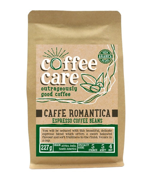 A 227g kraft packet of Coffee Care’s Caffe Romantica Espresso Beans. Dark green label for espresso beans. Freshly roasted Africa India & South America coffee. 100% Arabica Beans