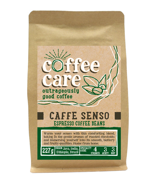 A 227g kraft packet of Coffee Care’s Caffe Senso Espresso Beans. Dark green label for espresso beans. Freshly roasted Java, India, Ethiopia & Brazil.