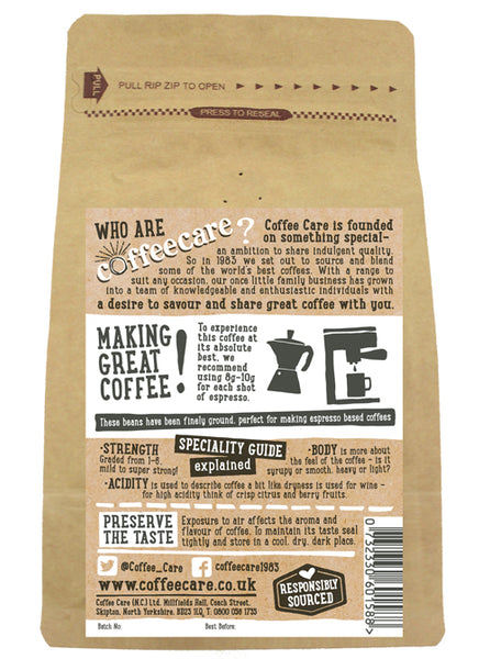 Back label of a 227g kraft packet of Coffee Care’s Espresso Decaffeinato Ground Espresso Beans with instructions how to make coffee.