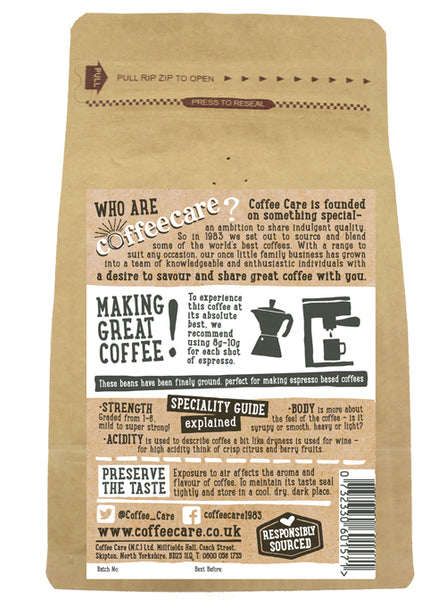 Back label of a 227g kraft packet of Coffee Care’s Espresso Lorenzo Ground Espresso Beans with instructions how to make coffee.