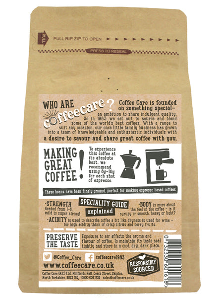 Back label of a 227g kraft packet of Coffee Care’s Cafe Napoli Ground Espresso Beans with instructions how to make coffee.