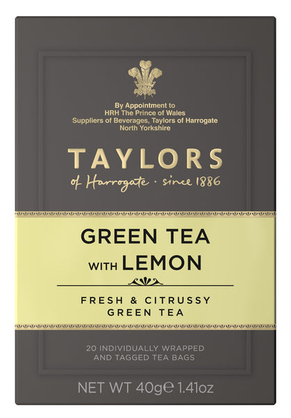 A small grey cardboard box with 20 individually wrapped and tagged Taylors of Harrogate Green Tea with Lemon. Green label – Fresh citrussy green tea