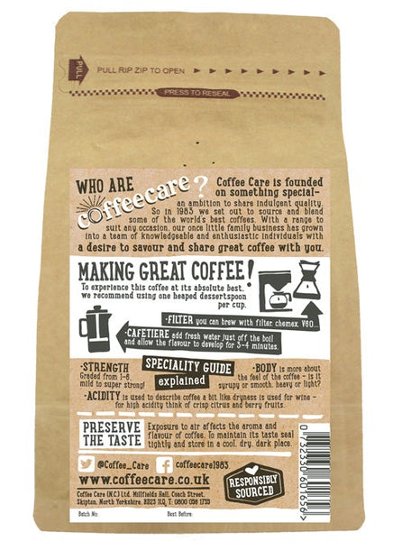 Back label of a 227g packet of Coffee Care’s Aroma Special Roast Ground Coffee. Instructions for Filter, V60, Chemex, Cafetiere.