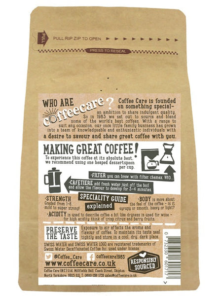 Back label of a 227g packet of Coffee Care’s Brazil Cerrado Swiss Water Process Decaffeinated Ground Coffee. Instructions for Filter, V60, Chemex, Cafetiere.